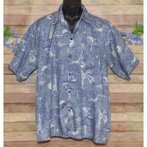 Vintage S&T Thai Silk Mens Blue & Silver Print Button Up Short Sleeve Shirt 2XL